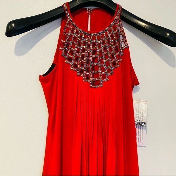 Aidan Mattox Red Beaded Neckline Halter Dress Gown Size 4 - Picture 2 of 7